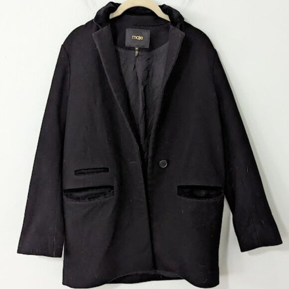 Maje Wool Blend Velvet Trim Single Button Coat Mid Length Black Size Small S
